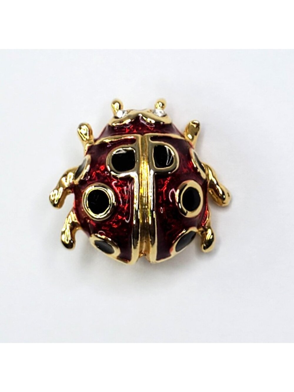 Small Ladybug Brooch Pin In Red & Gold With Rhinestone Eye 3/4 inch
